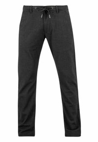 Black, lightweight pants with a drawstring waist and side pockets, featuring a smooth texture and a tapered leg design.