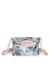 Borsa a tracolla con motivo ad acquerello blu e rosa, dotata di vano principale con zip e tasca frontale, con tracolla regolabile.