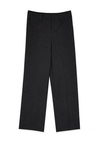 Black pinstriped trousers with a wide leg design, featuring a flat front, belt loops, and two side pockets. Smooth, tailored fabric.