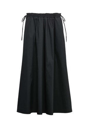 Lange zwarte rok met elastische tailleband en zijkanten die gestrikt kunnen worden, A-lijn model, gemaakt van gladde stof.