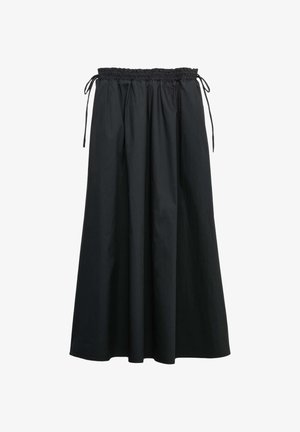 Długa czarna spódnica z marszczonym elastycznym pasem i wiązaniami po bokach, w kształcie litery A, wykonana z gładkiej tkaniny.