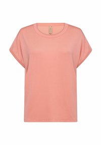 T-shirt en coton rose avec un col rond, des manches courtes et une coupe décontractée. Présente une texture légèrement côtelée. Ourlet droit.
