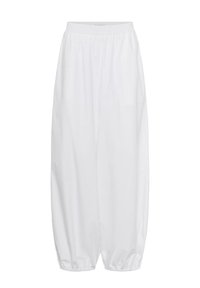 Pantalon blanc ample avec taille élastique et bas élastiqués froncés, conçu pour le confort et un port décontracté.