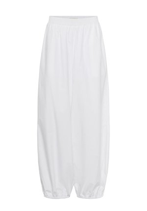 Locker sitzende weiße Hose mit elastischem Bund und gerafften elastischen Bündchen, entworfen für Komfort und legere Trageweise.
