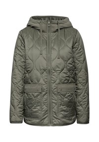 Giacca puffer trapuntata verde oliva, con zip frontale, cappuccio regolabile, due tasche frontali e dettagli testurizzati sul colletto.