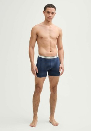 Marinefarbene Boxershorts mit horizontalen Streifen, elastischer Bund mit Logo, aus weichem Material, taillierte Passform, einfarbiger Hintergrund.