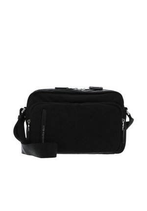 Black rectangular crossbody bag with front zip pocket and adjustable shoulder strap on a white background.