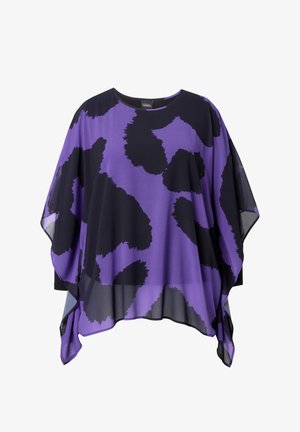Lila-schwarzer Poncho mit Muster und lockerem Schnitt. Verfügt über einen runden Halsausschnitt und eine transparente Textur, die eine fließende Silhouette erzeugt.