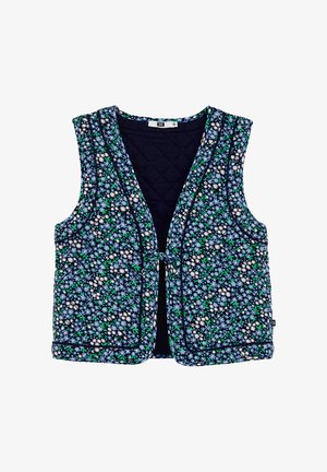 Gilet trapuntato floreale di colore navy con motivi di fiori blu, bianchi e verdi. Presenta una chiusura aperta, senza maniche, e bordi a contrasto.