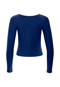 Sötétkék, hosszú ujjú felső, sima anyagból készült. Kerek nyakkivágással és testhez simuló fazonnal rendelkezik. Minimalista stílus, látható díszítések nélkül.