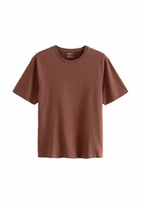 Brun bomulds t-shirt med rund hals og korte ærmer. Glat tekstur, enkelt design og ingen synlige mønstre eller accenter.