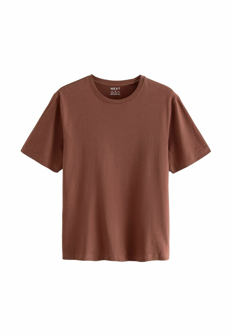 Brun bomulds t-shirt med rund hals og korte ærmer. Glat tekstur, enkelt design og ingen synlige mønstre eller accenter.