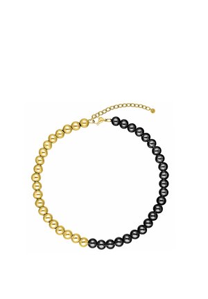 Choker necklace with alternating polished gold and black beads, featuring a gold chain clasp for adjustable length.
