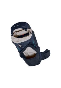 Zaino blu scuro con diverse tasche, spallacci regolabili e chiusura a cordino nella parte superiore. L'interno presenta una fodera di colore chiaro.