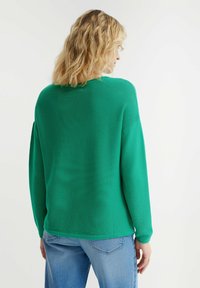 Grüner gerippter Strickpullover mit langen �Ärmeln, rundem Ausschnitt und lässiger Passform. Kombination mit hellblauen Jeans, Rückansicht gezeigt.