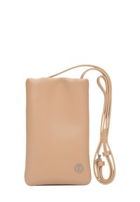 Jasno beżowa skórzana torebka crossbody z teksturowanym, falistym brzegiem w górnej części, regulowanym paskiem oraz okrągłym logo w dolnym rogu.