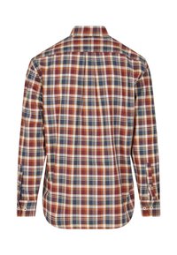 Karierte Bluse von hinten, mit blauen, orangen und braunen Karomustern, langen Ärmeln und einem klassischen Kragen.