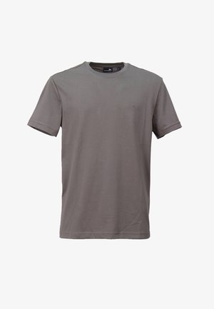 Camiseta de manga corta gris lisa con un pequeño logotipo bordado en el lado izquierdo del pecho y una etiqueta negra de tamaño en el interior del cuello.
