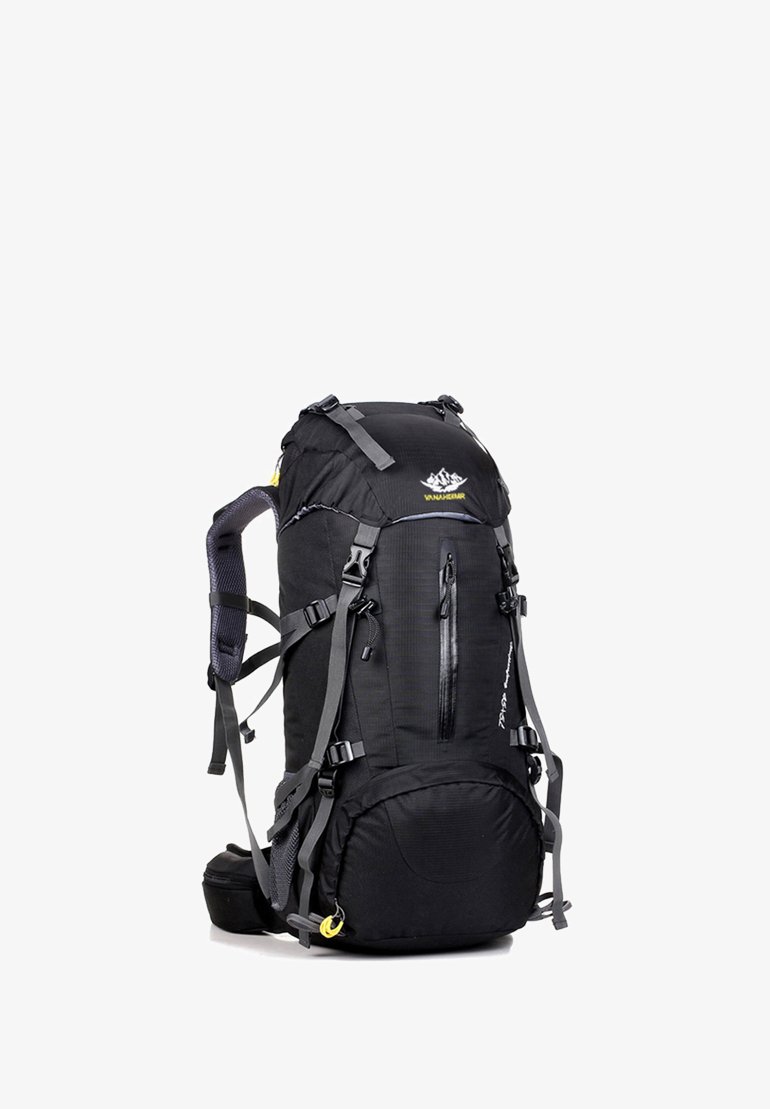 Schwarzer Rucksack für Wanderungen mit mehreren verstellbaren Riemen, einer vorderen Reißverschlusstasche, verstärktem Boden und einer oberen Kordelzugöffnung für sicheren Stauraum.