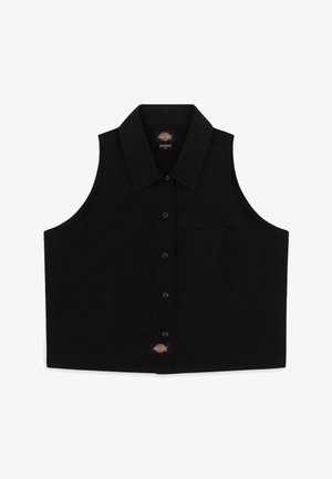 Černé bezrukávové triko s knoflíkovým zapínáním vpředu, špičatým límcem, jednou náprsní kapsou a malou značkovou etikou vpravo dole.