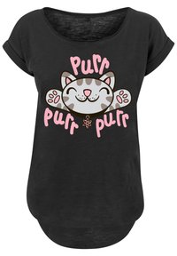 Sort t-skjorte med korte ermer som har et grått tegneseriekattdesign, som smiler med hevede poter. Teksten "Purr purr purr" er i rosa.