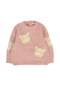 Pull en peluche rose pour enfants avec des visages d'ours beiges sur le devant et les manches, col rond et manches longues.