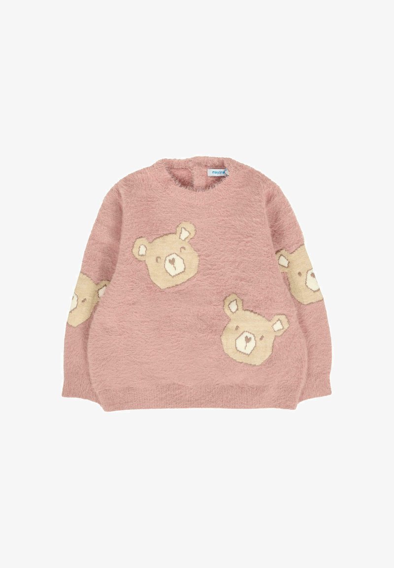 Pull en peluche rose pour enfants avec des visages d'ours beiges sur le devant et les manches, col rond et manches longues.