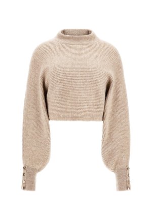 Beige ribstrikket kort sweater med høj rund hals, lange ballonærmer og knapdetaljer på tætsiddende manchetter.
