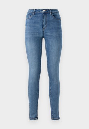 High-waisted skinny jeans in middelblauwe denim. Beschikt over vijf zakken, riemlussen en een klassieke knoop- en ritssluiting.