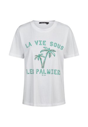 White short-sleeve T-shirt with green palm tree graphic and French text "La vie sous les palmiers" on front.