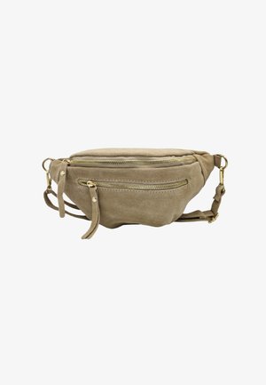 Pochette banane en suede beige, de forme arrondie, avec deux compartiments à fermetures éclair dorées et des sangles ajustables pour un port sécurisé.