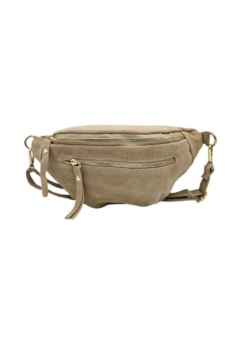 Pochette banane en suede beige, de forme arrondie, avec deux compartiments à fermetures éclair dorées et des sangles ajustables pour un port sécurisé.