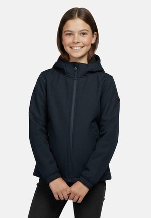 Marineblauwe softshelljas met capuchon, voorzien van een rits aan de voorkant, elastische manchetten en een logo applicatie op de linkermouw. Soepele textuur, weerbestendig.