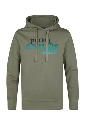 Olivgrüner Hoodie mit grafischem Druck in Marineblau und Türkis auf der Vorderseite. Verfügt über eine Kapuze mit Kordelzug sowie gerippte Ärmelbündchen und Saum. Weicher Stoff.