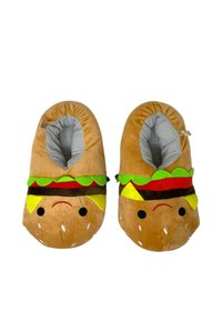 Pantofole di peluche marroni a forma di hamburger, con interno grigio, lattuga verde, pomodoro rosso e accenti gialli di formaggio, con occhi ricamati.