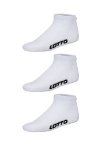 Calzini corti bianchi, in misto cotone, con apertura a costine e logo nero "LOTTO" sul lato. Tre paia in esposizione.