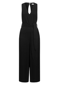 Černý bezrukávový overal s hlubokým výstřihem do V, širokými nohavicemi, páskem na zavazování v pase a detailem v podobě klíčové díry na zádech. Hladký textilní povrch.