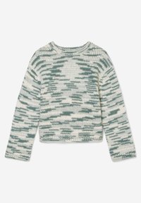 Maglione lavorato a maglia in tonalità crema e verde, caratterizzato da un distintivo motivo a nuvola, collo rotondo e maniche lunghe con un design cropped.