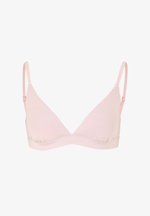 Jasnoróżowy, miękki stanik z materiału o trójkątnym kształcie, z cienkimi regulowanymi ramiączkami i bezszwowym wykończeniem dla komfortu. Brak fiszbin i ozdób.