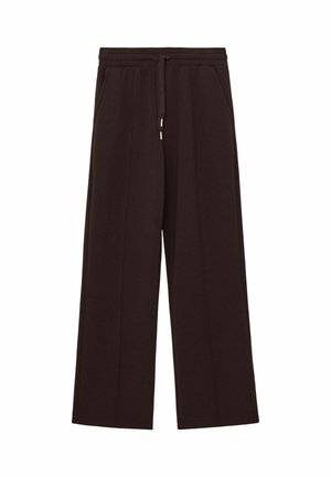 Pantalons à jambes larges en tissu marron foncé, avec une taille élastique à cordon, des poches latérales et une texture lisse.