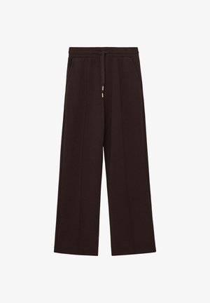 Pantalons à jambes larges en tissu marron foncé, avec une taille élastique à cordon, des poches latérales et une texture lisse.