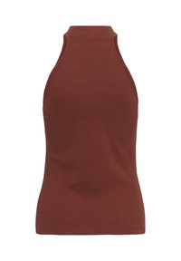 Débardeur côtelé sans manches en brun foncé avec col haut et silhouette ajustée, présenté sur fond blanc.