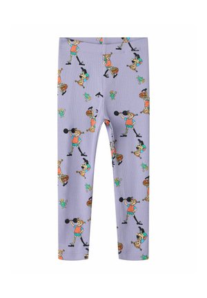 Leggings pour enfants lilas décorés d'illustrations répétées d'une fille soulevant une barre et de petits personnages animaux espiègles.
