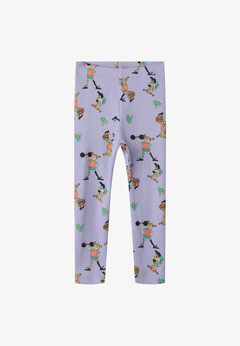 Leggings pour enfants lilas décorés d'illustrations répétées d'une fille soulevant une barre et de petits personnages animaux espiègles.