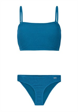 Zweiteiliger Bikini in einem strukturierten Teal-Stoff. Das Oberteil hat dünne Träger und eine quadratische Form; die Unterteile haben einen klassischen Schnitt mit passender Textur.
