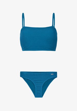 Zweiteiliger Bikini in einem strukturierten Teal-Stoff. Das Oberteil hat dünne Träger und eine quadratische Form; die Unterteile haben einen klassischen Schnitt mit passender Textur.
