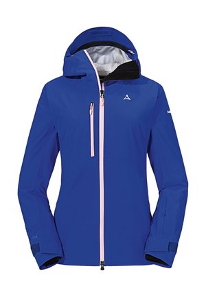 Blue waterproof jacket with a fitted design, featuring a hood, pink zipper accents, and adjustable cuffs. Logo displayed on the chest.