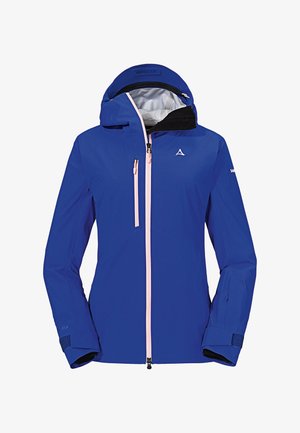 Blue waterproof jacket with a fitted design, featuring a hood, pink zipper accents, and adjustable cuffs. Logo displayed on the chest.