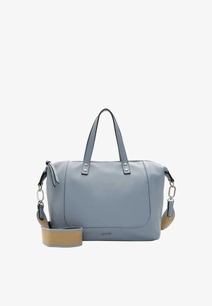 Light blue leather handbag with two top handles and detachable shoulder strap. Features silver hardware and a textured finish.