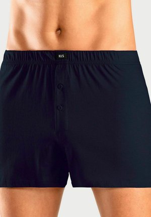 Schwarze Baumwoll-Boxershorts mit elastischem Bund, vorne mit Knopfleiste, glattem Material und H.I.S-Label am Bund.